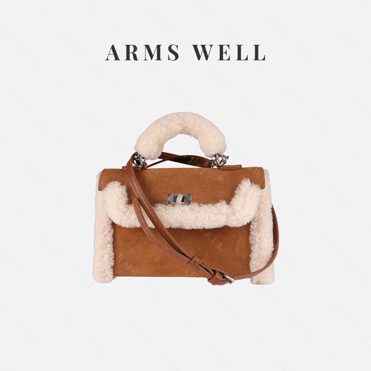 无品牌王囡囡 咖色带毛牛剖层革羊毛皮单肩包 S468