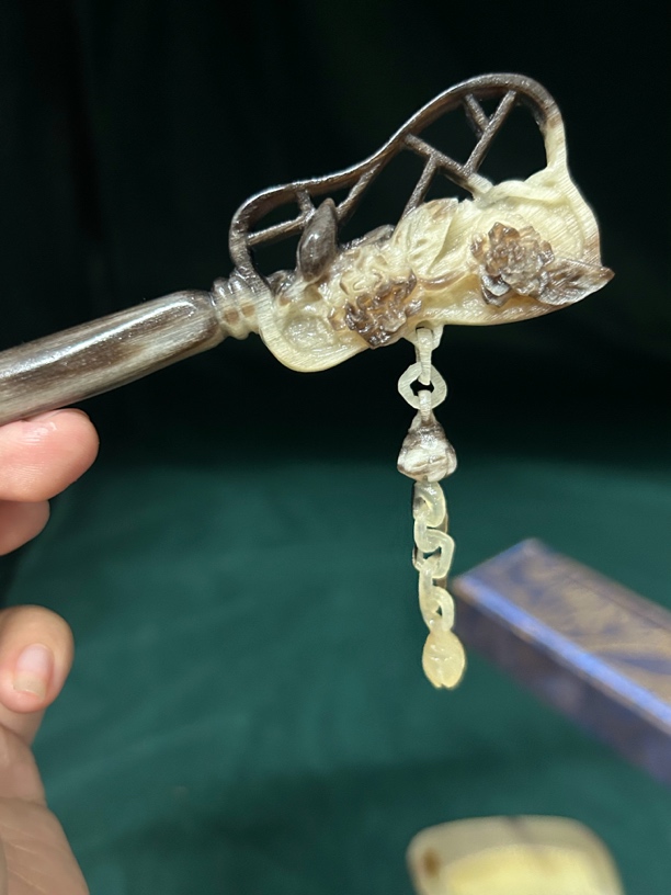 高贵羊角双色芭蕉扇手工步摇牛角发簪梳子