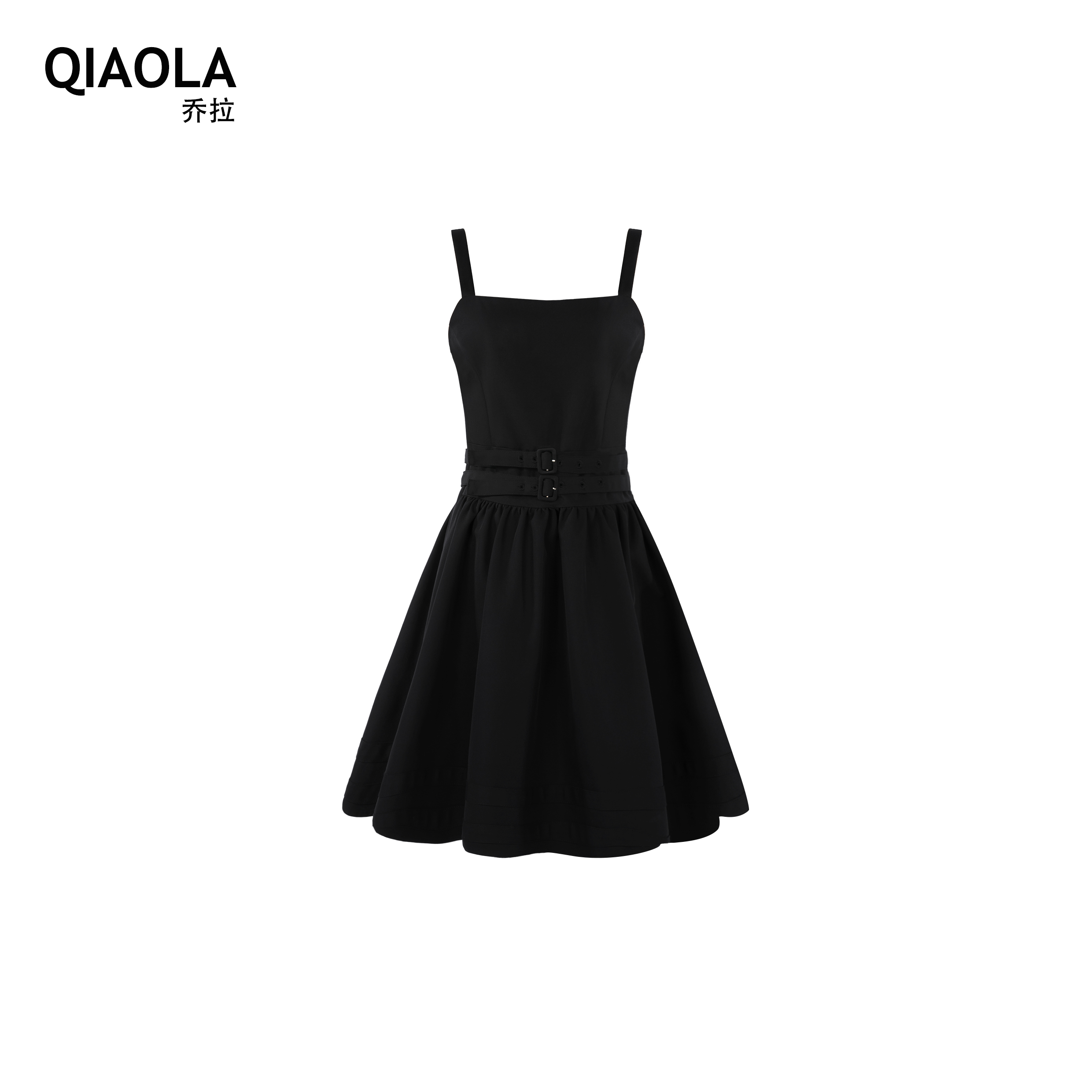 QIAOLA/乔拉【新天鹅湖】秋冬季双腰带压褶A字版显瘦吊带连衣裙