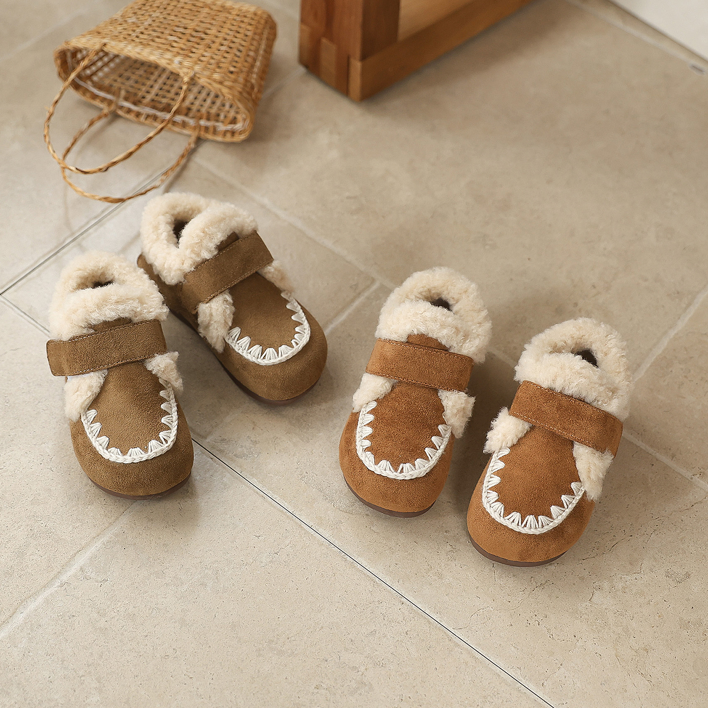 冬日 勾线毛毛边加绒棉鞋