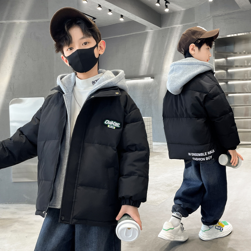 运动连帽字母棉袄男童中长款棉服加绒冬季连帽拼接假两件棉衣冬装