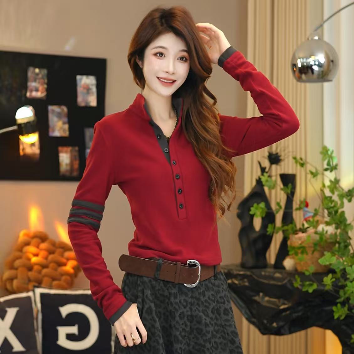 冬季半高领双面绒加厚保暖撞色长袖秋冬修身显瘦短款上衣洋气打底