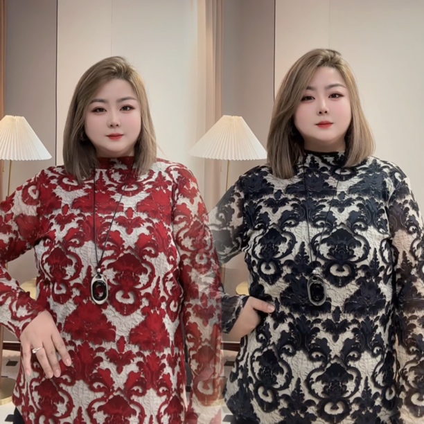 大码胖mm网纱秋冬新款印花长袖宽松T恤气质显瘦百搭打底衫上衣