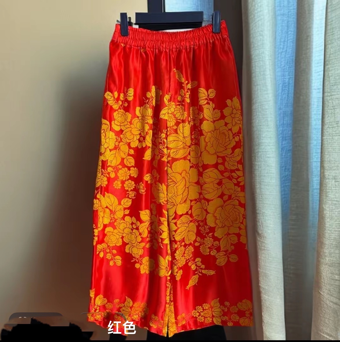 老软缎透气阔腿裤薄款休闲风长裤时尚百搭夏季红色宽松中式中国风