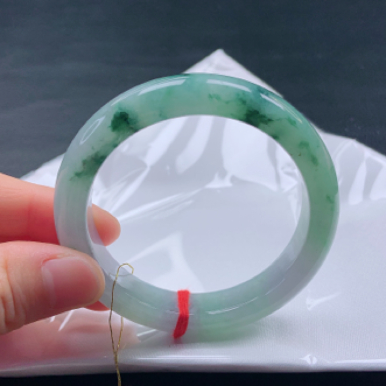 56➕圈糯冰种飘花带紫宽边手镯缅甸天然a货翡翠