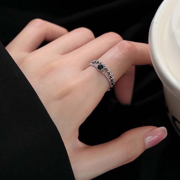925银戒指 J8194 通体纯银个性微镶黑色锆石树叶麦穗双层活口戒指
