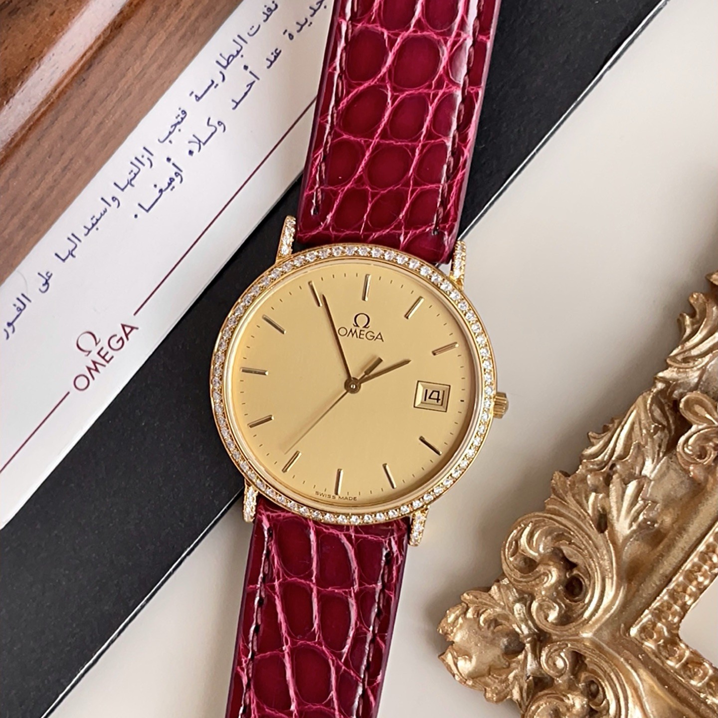 95新 Omega/欧米茄 高奢蝶飞三针日志·鳄鱼皮表带·石英表