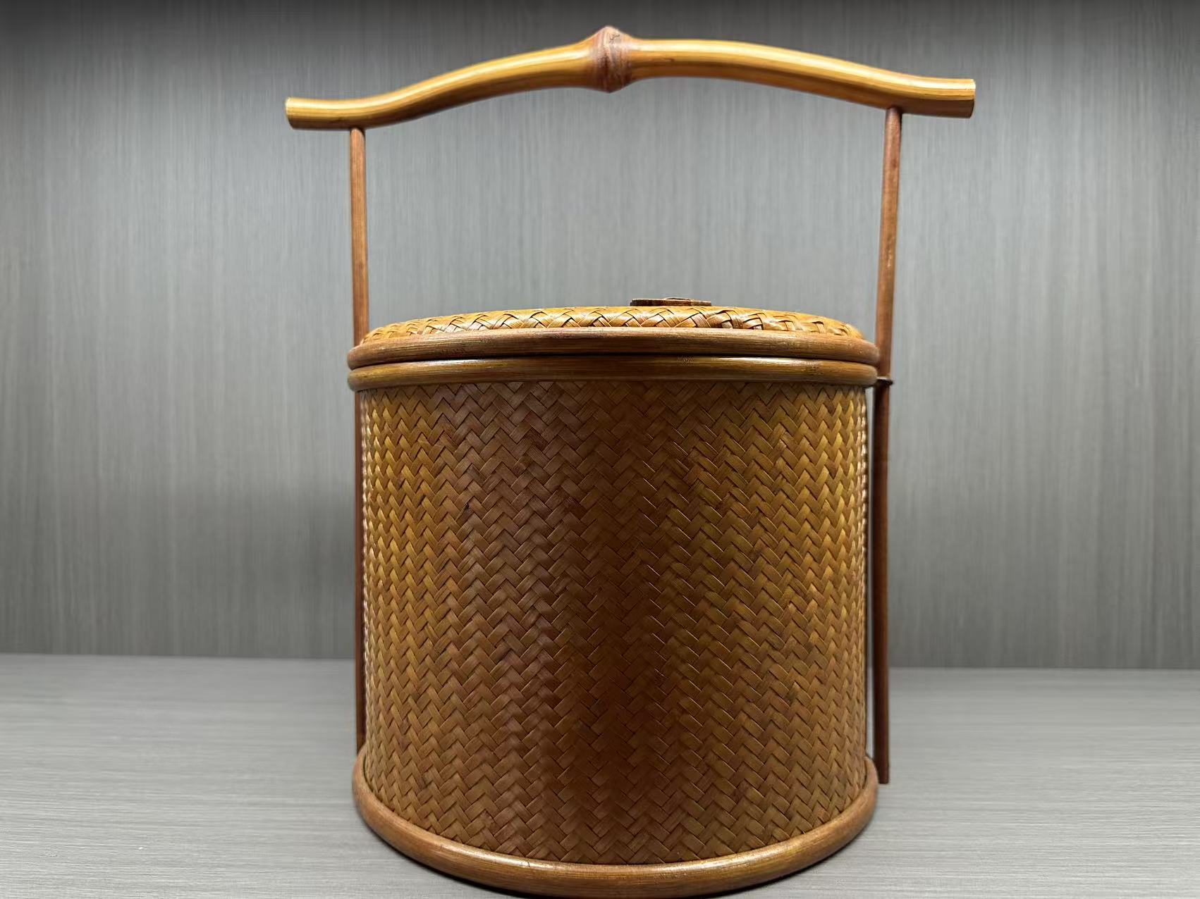 大漆筇竹精编复古收纳提篮可作七子茶饼桶火钵提篮