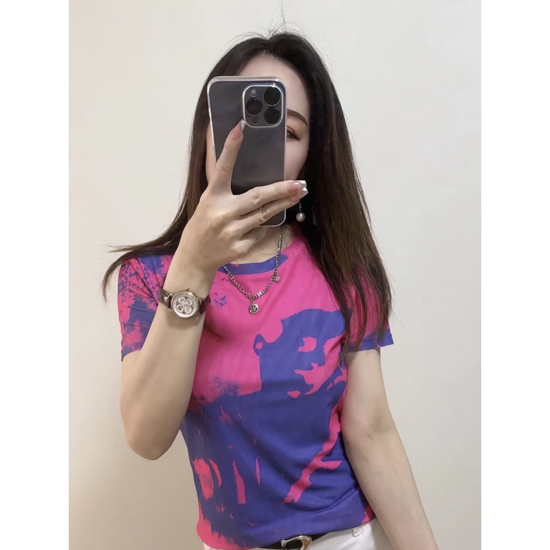 双层网纱夏季洋气撞色印花修身气质圆领T恤女装新款百搭上衣A2073