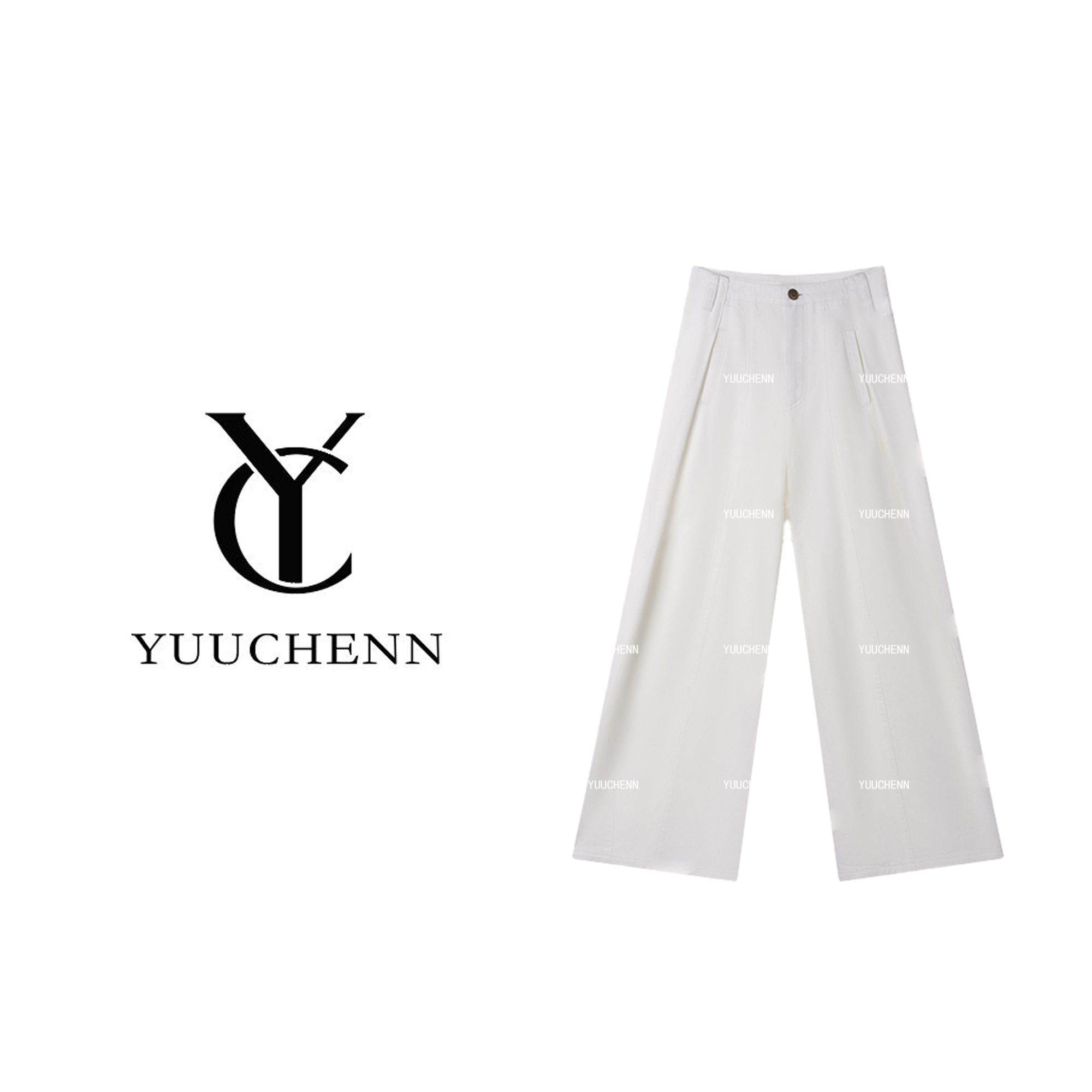 YUUCHENN白色休闲阔腿裤子秋冬新款高腰潮流时尚裤子CD1A0444