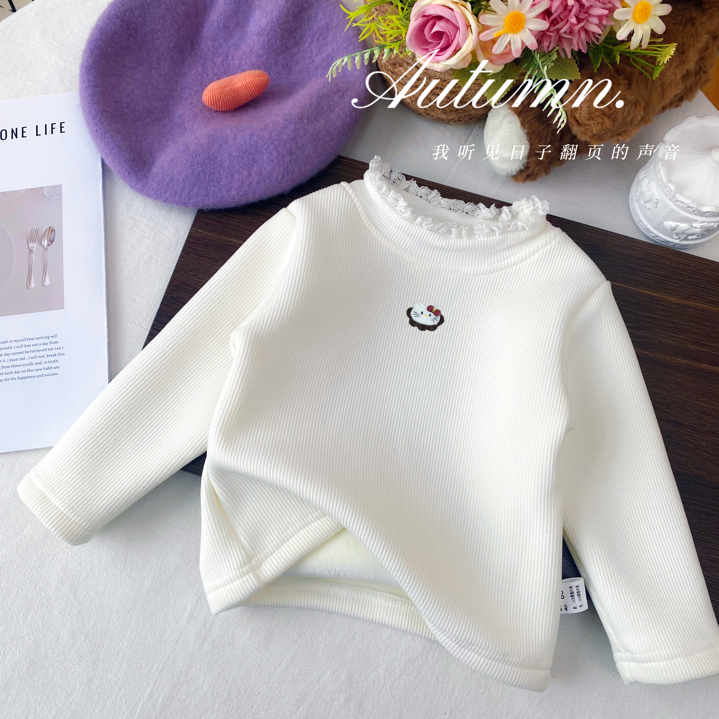 【加绒加厚】女宝秋冬蕾丝花边半高领打底衫加绒保暖上衣WL-X-D518