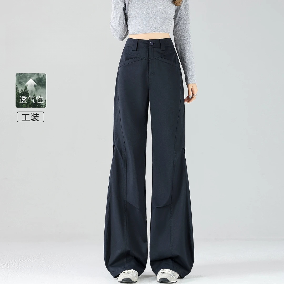 深蓝色弯刀工装裤女秋冬加绒加厚宽松复古美式休闲香蕉喇叭阔腿裤