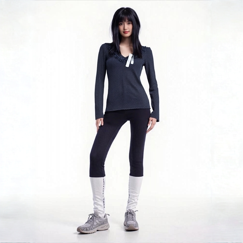 P/波点腰身打底V领花边上衣NO退换