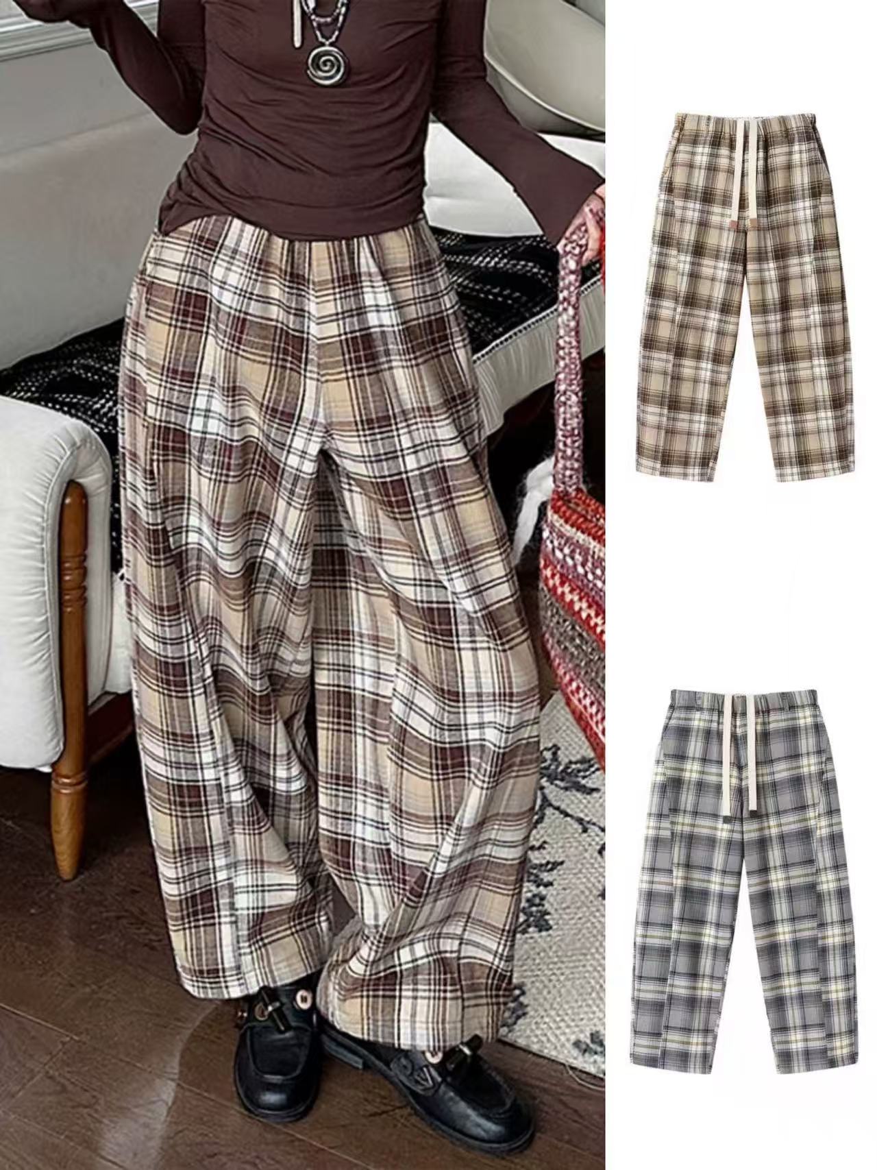 REREK新品25秋冬松紧腰色织格纹茧型加绒长裤女