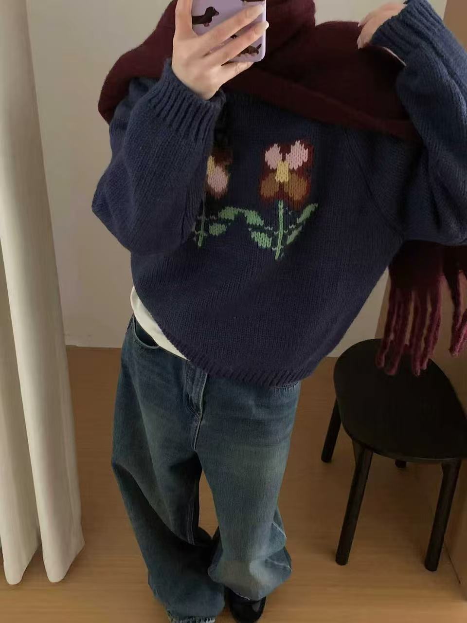 T1070 两朵小花~ 韩系粗针小花朵提花针织套头女