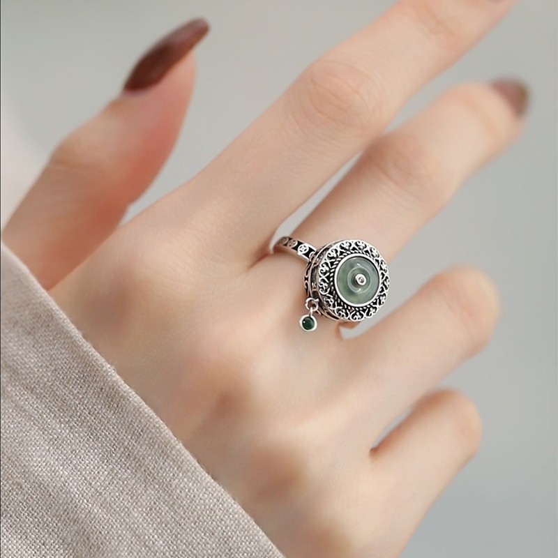 925银戒指 J13040 蓝水平安扣六字真言转转戒活口可调节国风戒指