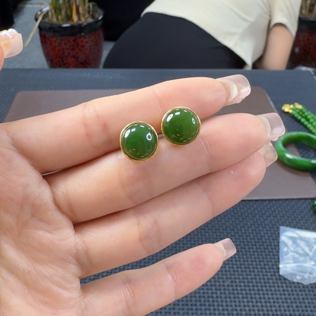 和田玉（碧玉）银S925镶嵌耳饰