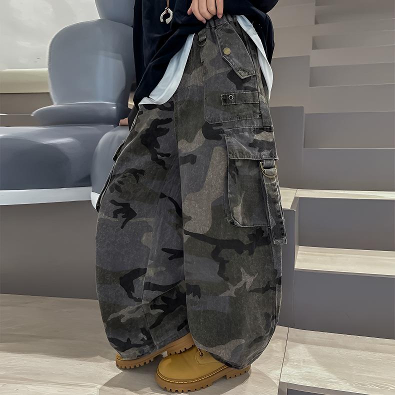 男童春秋款迷彩工装裤炸街痞帅复古潮酷洋气时尚宽松工装裤男童