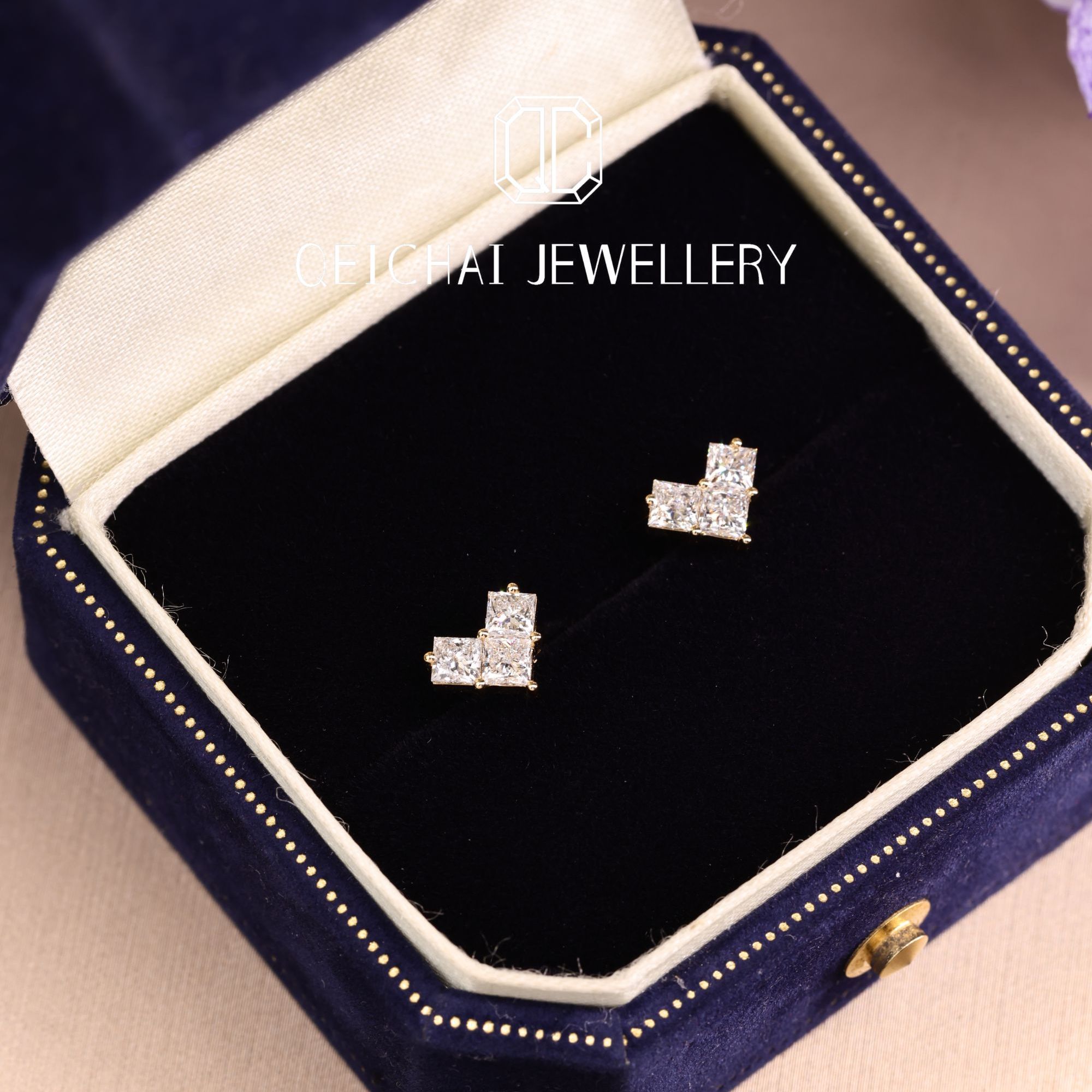 实验室培育钻石18K金 K黄款公主方款耳钉（不含K金耳堵）