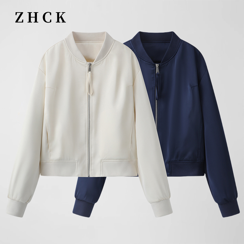 韩系百搭 圆领缎面拉链外套2026新款时尚简约纯色外套女