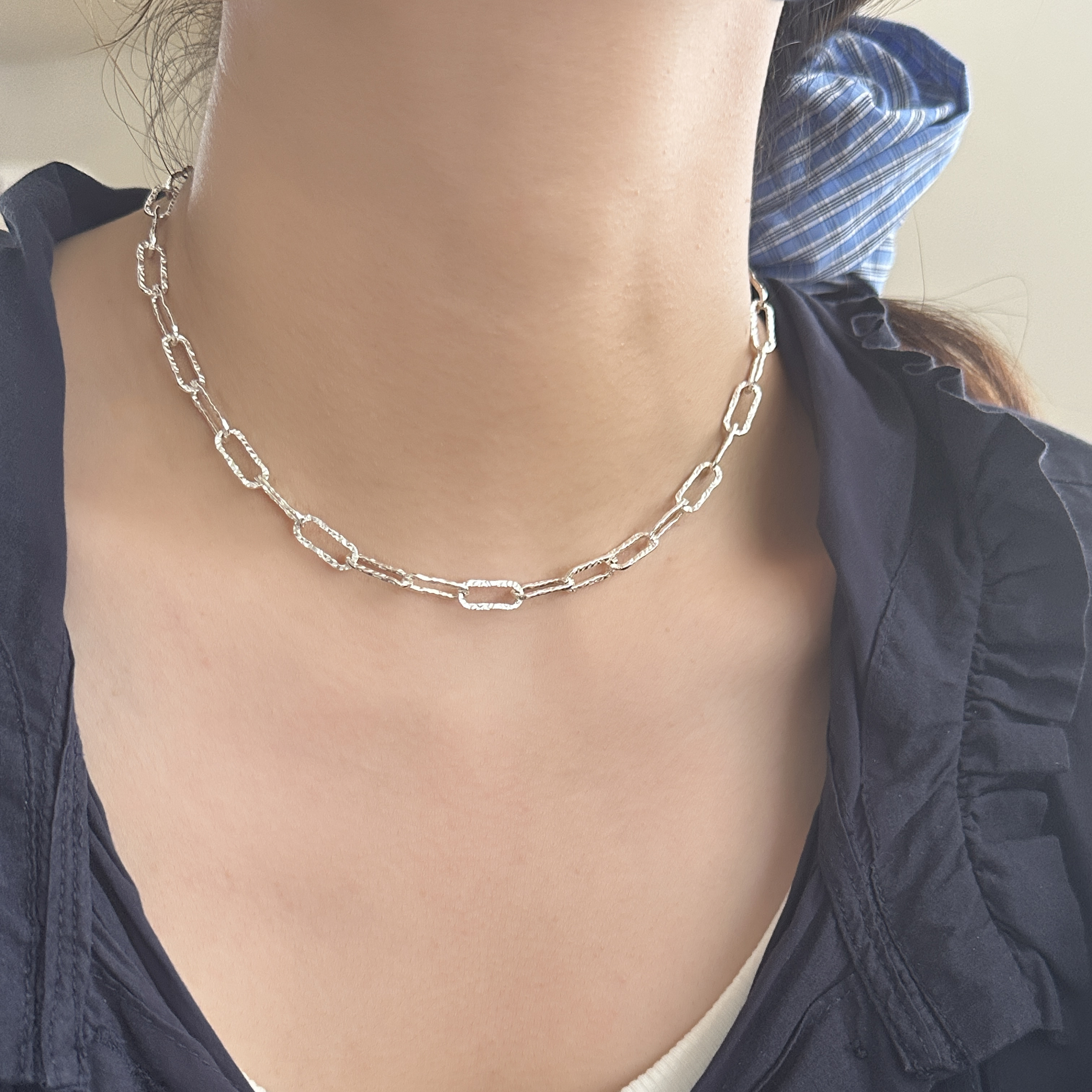 链子925银 原创设计简约百搭气质女捶打别针项链 3833