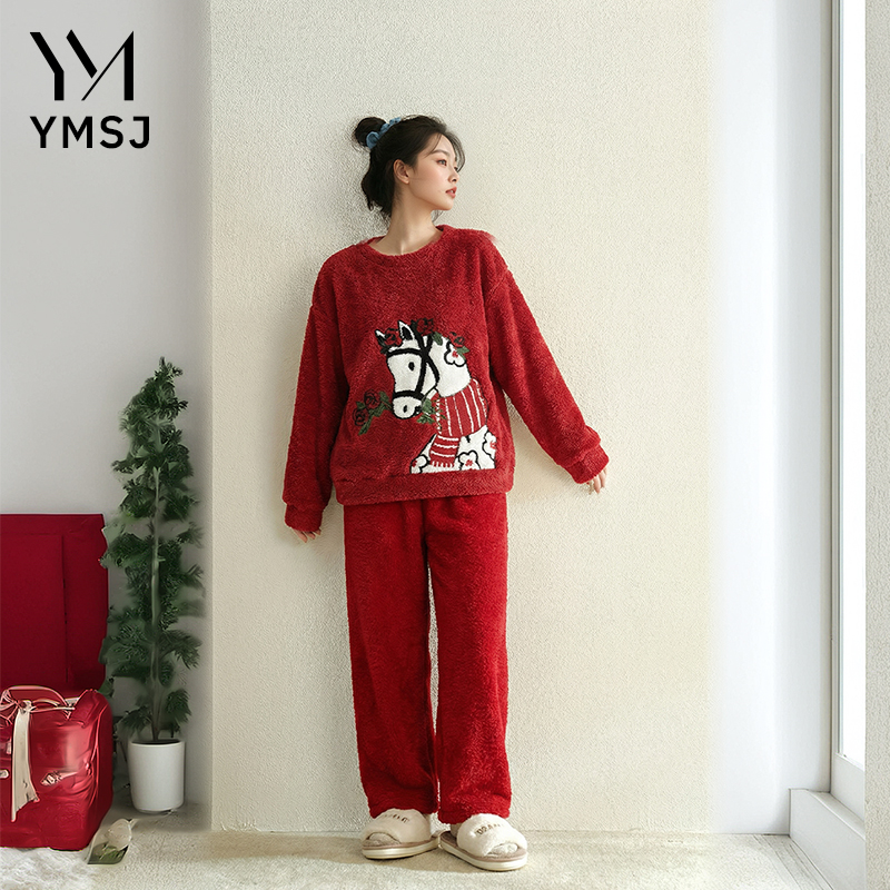 2026原创本命年马年新年红小马半边绒睡衣加厚保暖卡通家居服套装