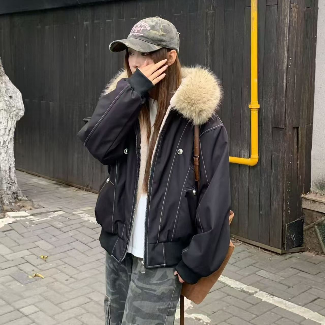 秋冬新款大毛领时尚棉衣女装韩系座山雕加绒加厚短款棉服连帽棉袄