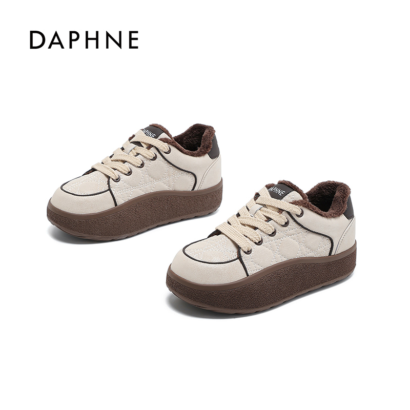 Daphne/达芙妮加绒板鞋女2025冬新款拼色面包鞋潮ins保暖休闲鞋