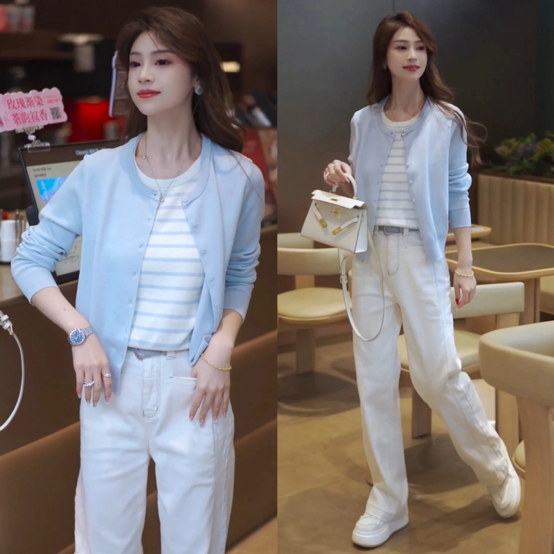 春季通勤长袖针织撞色假两件上衣+宽松时尚休闲显腿长直筒牛仔裤