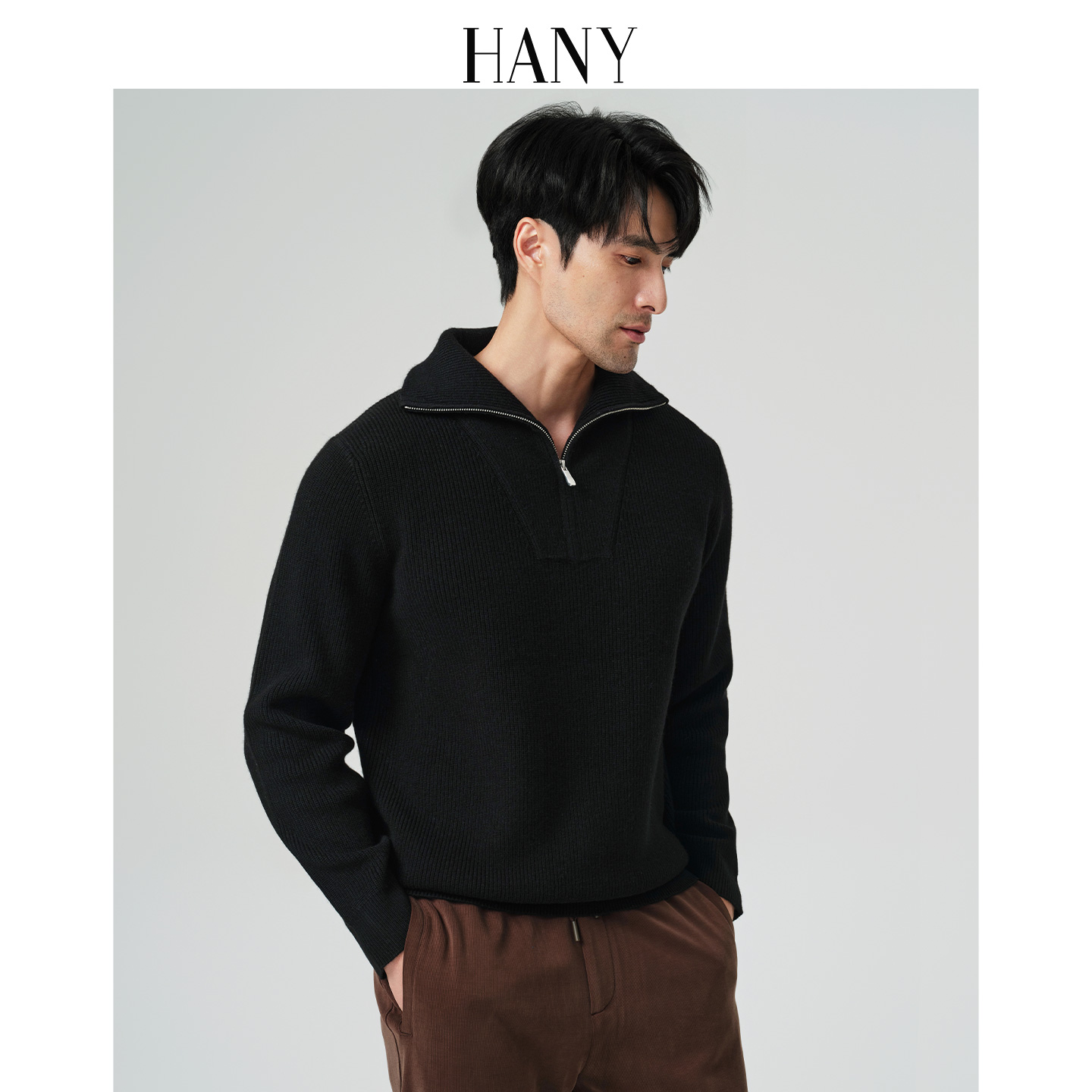 HANY[重磅粗针100羊毛衫]针织衫男2025加厚拉链翻领黑色毛衣秋冬