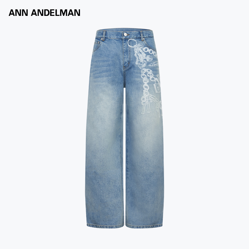 ANN ANDELMAN 25秋冬 男女同款休闲水洗直筒锁链印花牛仔裤