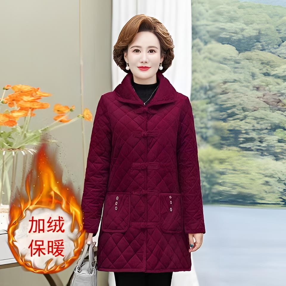 7861妈妈装高档灯芯绒棉衣中长款加绒外套民族风盘扣棉衣（正）