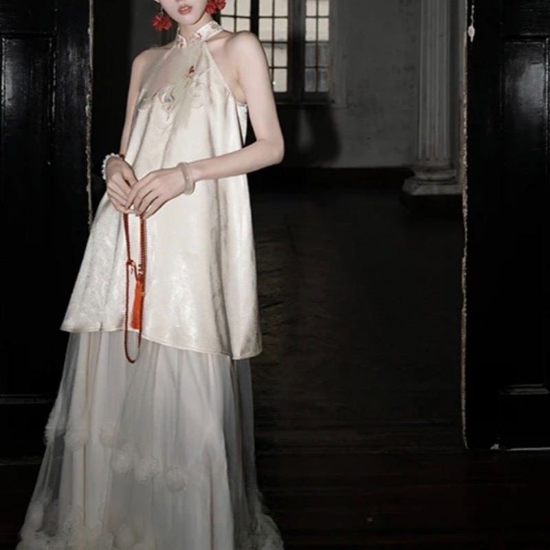 【忘川】静奢新中式套装 提花刺绣连衣裙+柔光纱半裙女套装；