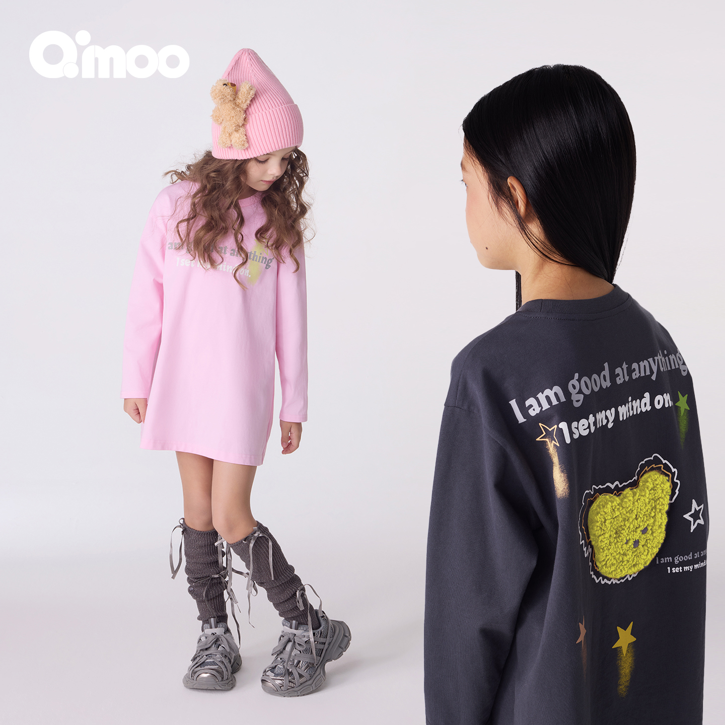Qimoo/淇木25年秋女童长袖时尚童趣宽松字母韩版连衣裙QSS3LC120A