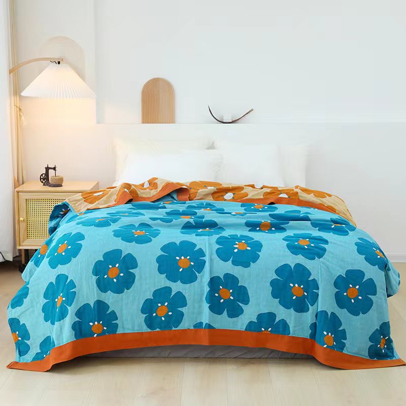 【京かわ会社】多层彩棉纱布毛巾被150*200cm花雨纷飞-蓝