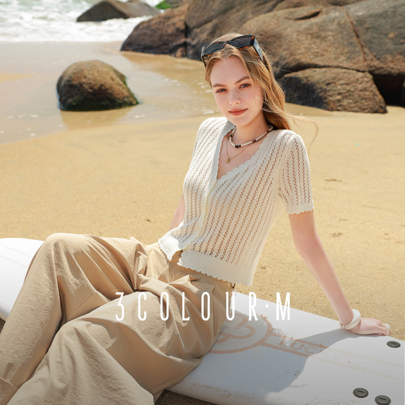 Y0033【云云专属】三彩2025夏季新款镂空针织衫V领薄款毛衫外dbx