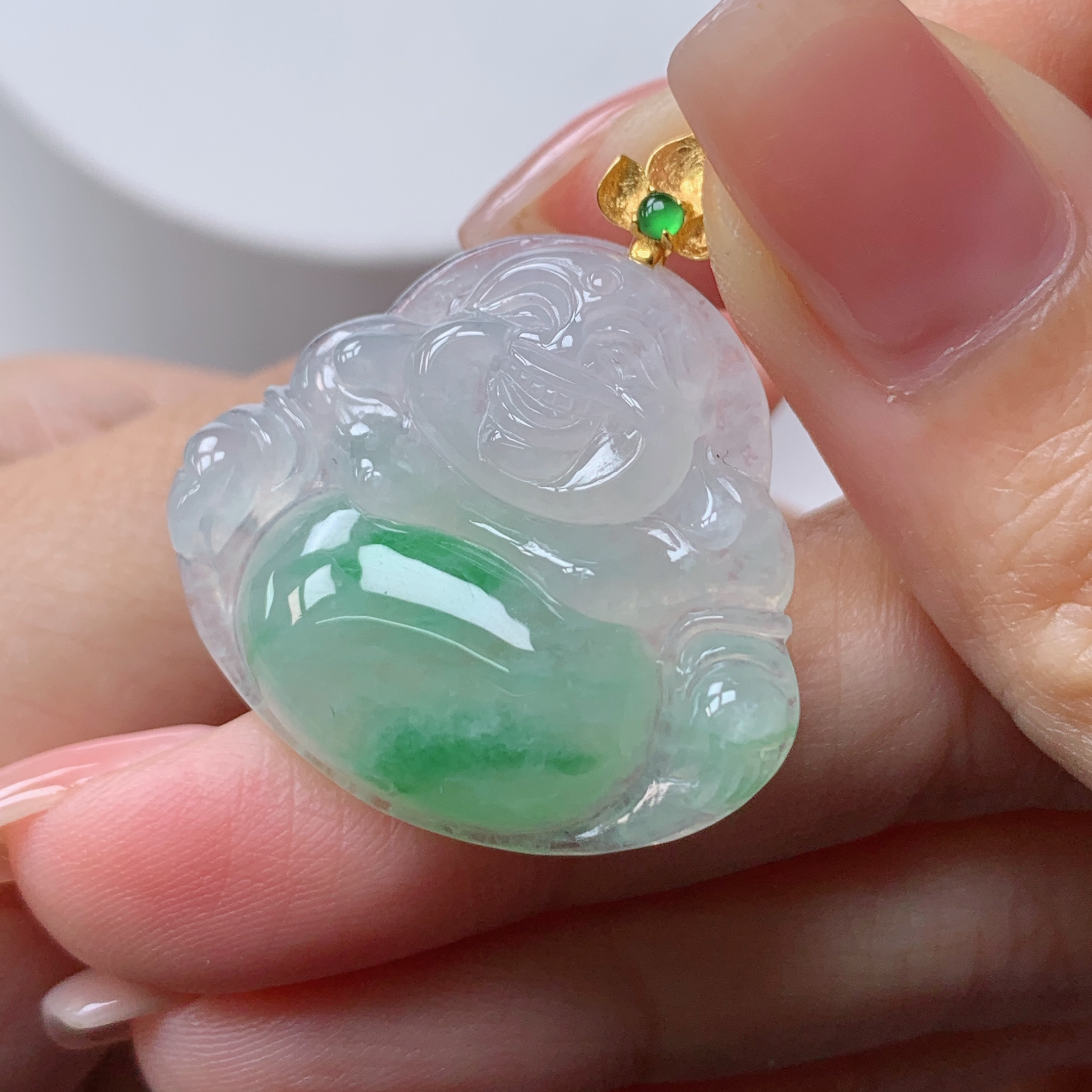 缅甸天然翡翠a货18k金冰飘绿佛公吊坠29×26.7×5.8