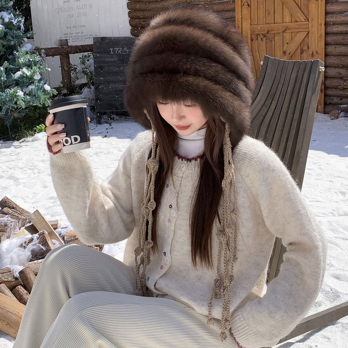 秋冬天户外出游时尚新款狐狸毛帽子女保暖护耳帽真毛流苏宽松