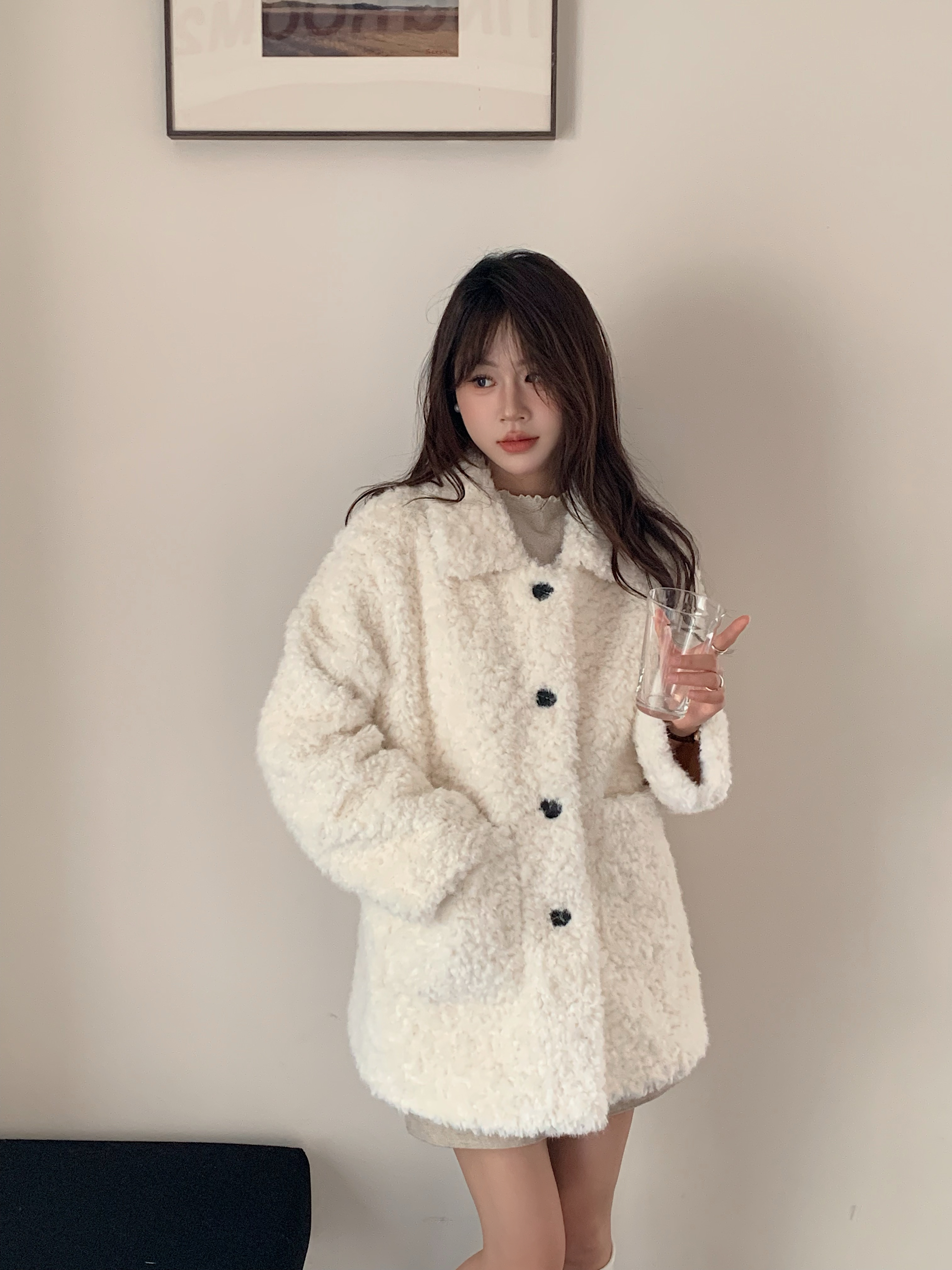 2025秋冬季新款中长款翻领皮毛一体宽松毛毛外套女加厚棉衣棉服