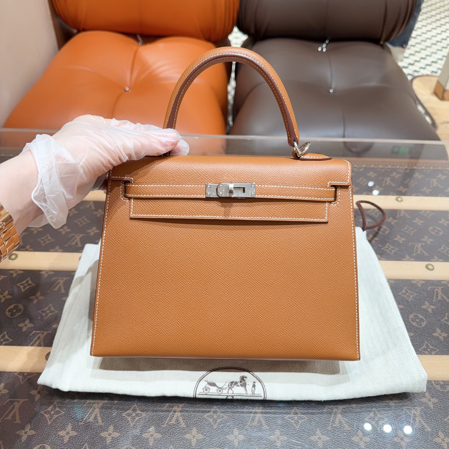 99新 Hermes/爱马仕 kelly25 金棕银扣 外缝E皮！U刻！