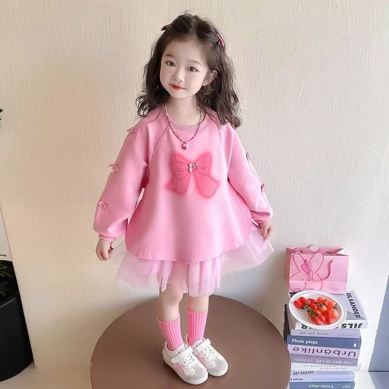 2025新款女童洋气甜美卫衣裙春秋款女孩时尚韩版仙女风网纱公主裙