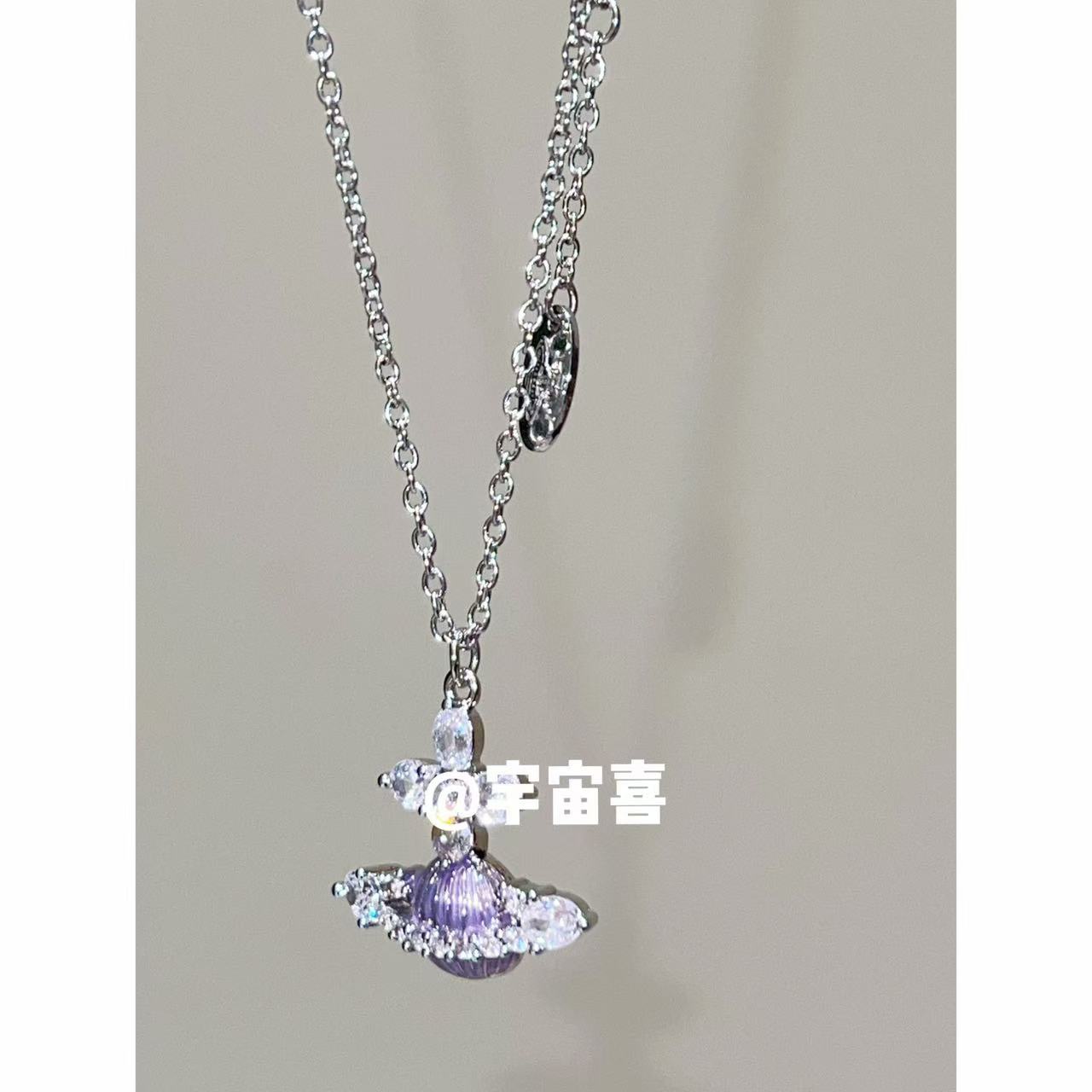 铜合金锆石项链  J5-034【紫色珐琅南瓜星球项链细链】