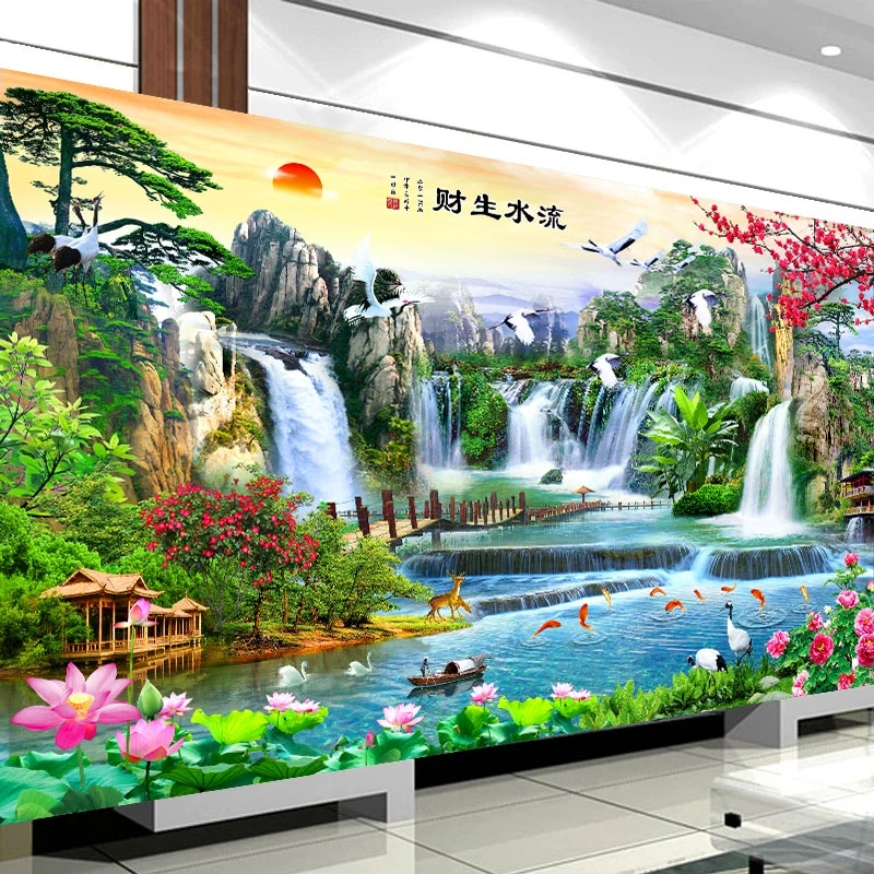 皇室蒙娜丽莎十字绣2025新款爆款客厅大幅风景山水画流水生财刺绣
