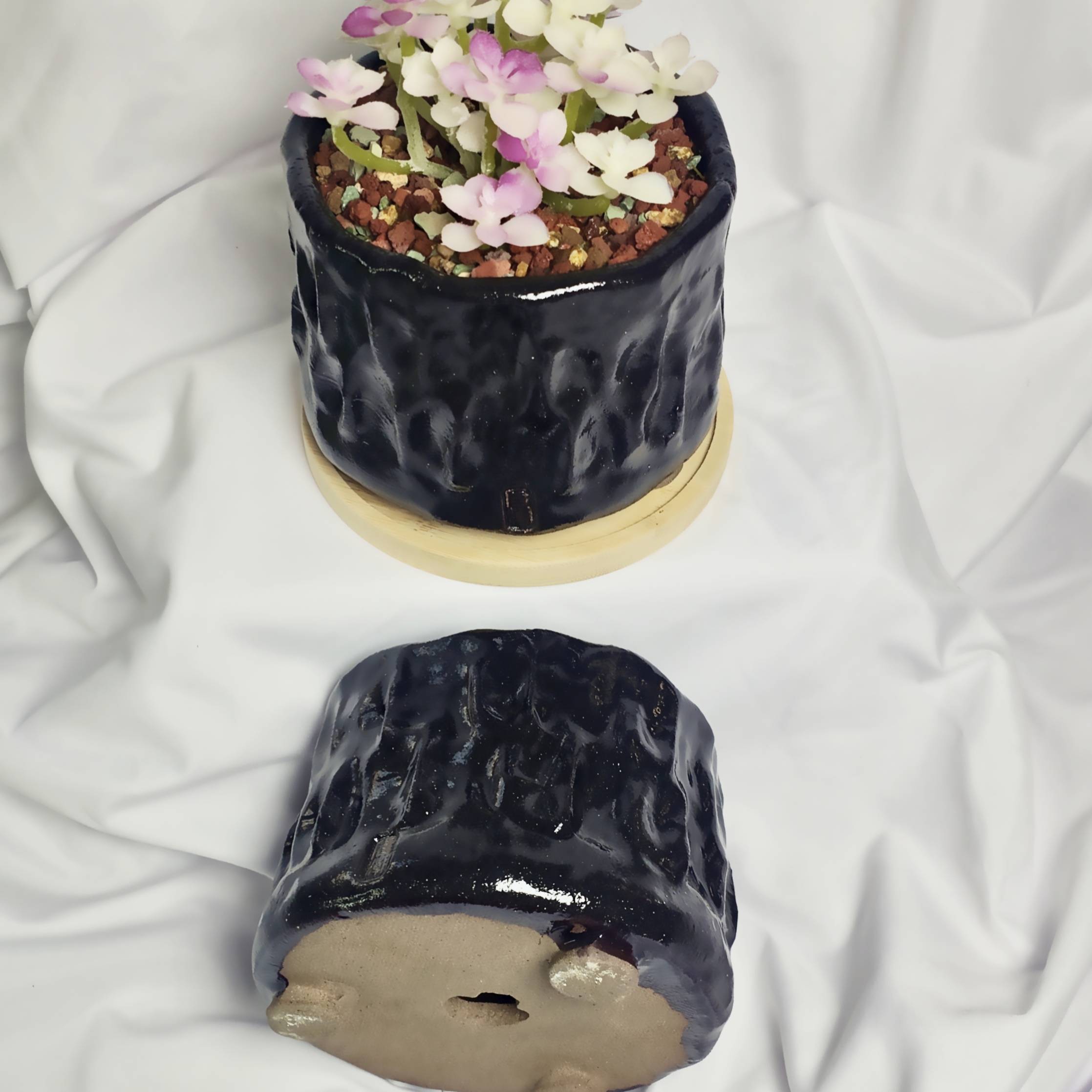 唐潮手工创意透气黑色粗陶圆形多肉花盆（黑色墩墩款）