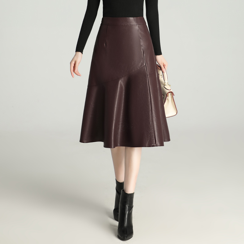 软皮裙A字高档pu皮有质感半身裙显瘦遮臀中长款秋冬a字气质百搭