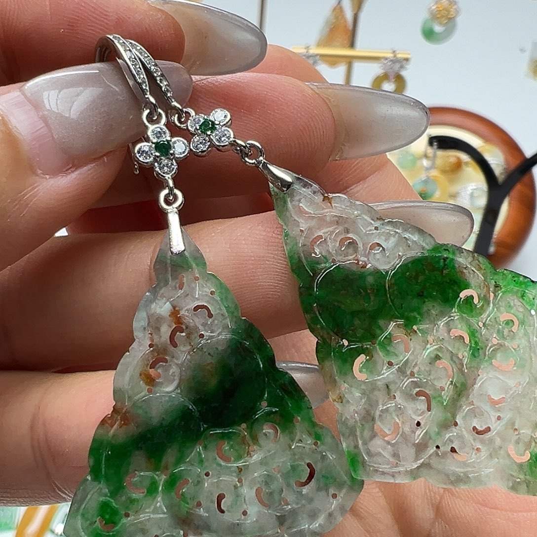 t***r翡翠银S925镶嵌耳饰天然缅甸A货翡翠