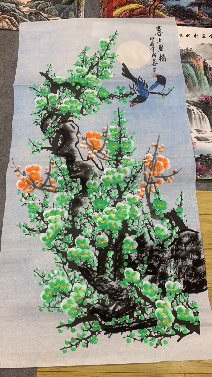 《喜上眉梢》 画芯尺寸：140cm*70cm山水画客厅