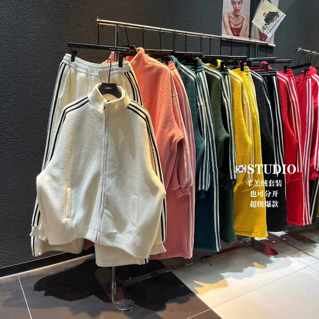 吴大大-摇粒绒杠条拉链加绒加厚外套女➕阔腿裤宽松休闲运动套装潮