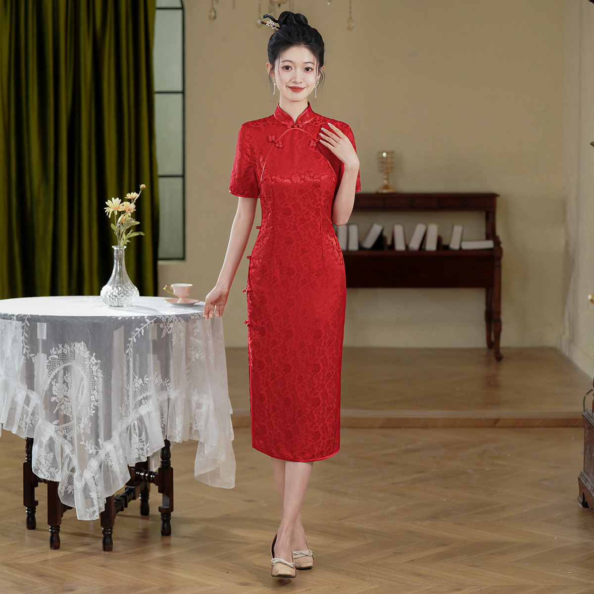 C25015大红色真丝提花喜婆婆喜妈妈旗袍桑蚕丝连衣裙婚宴席2025夏