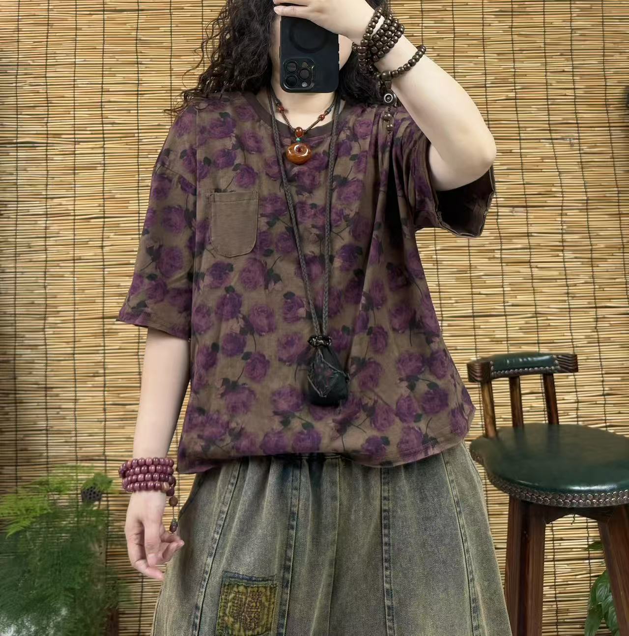 3077-1玫瑰花圆领短袖T恤（长58左右，90-150斤）